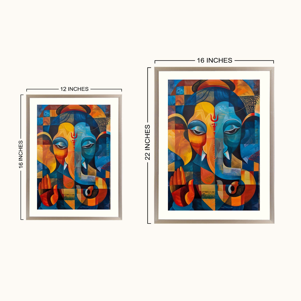 Two framed abstract art of Ganesha shown on a light beige background, with dimension labels indicating 12 x 16 inches for the smaller frame and 16 x 22 inches for the larger frame.