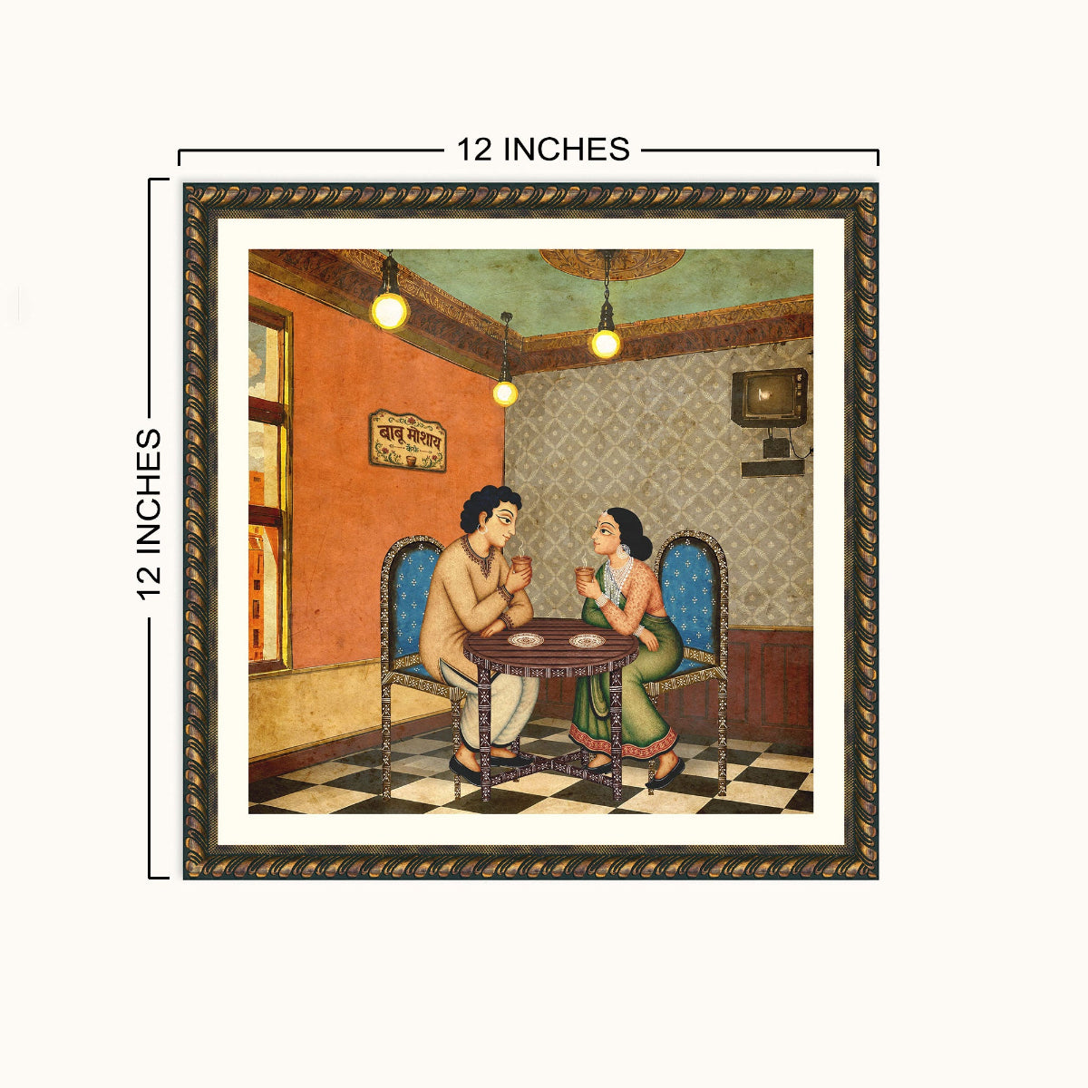 A framed wall art showing two people seated at a small table in a vintage interior, with dimension markers indicating 12 inches by 12 inches. The artwork is presented on a plain light background.
