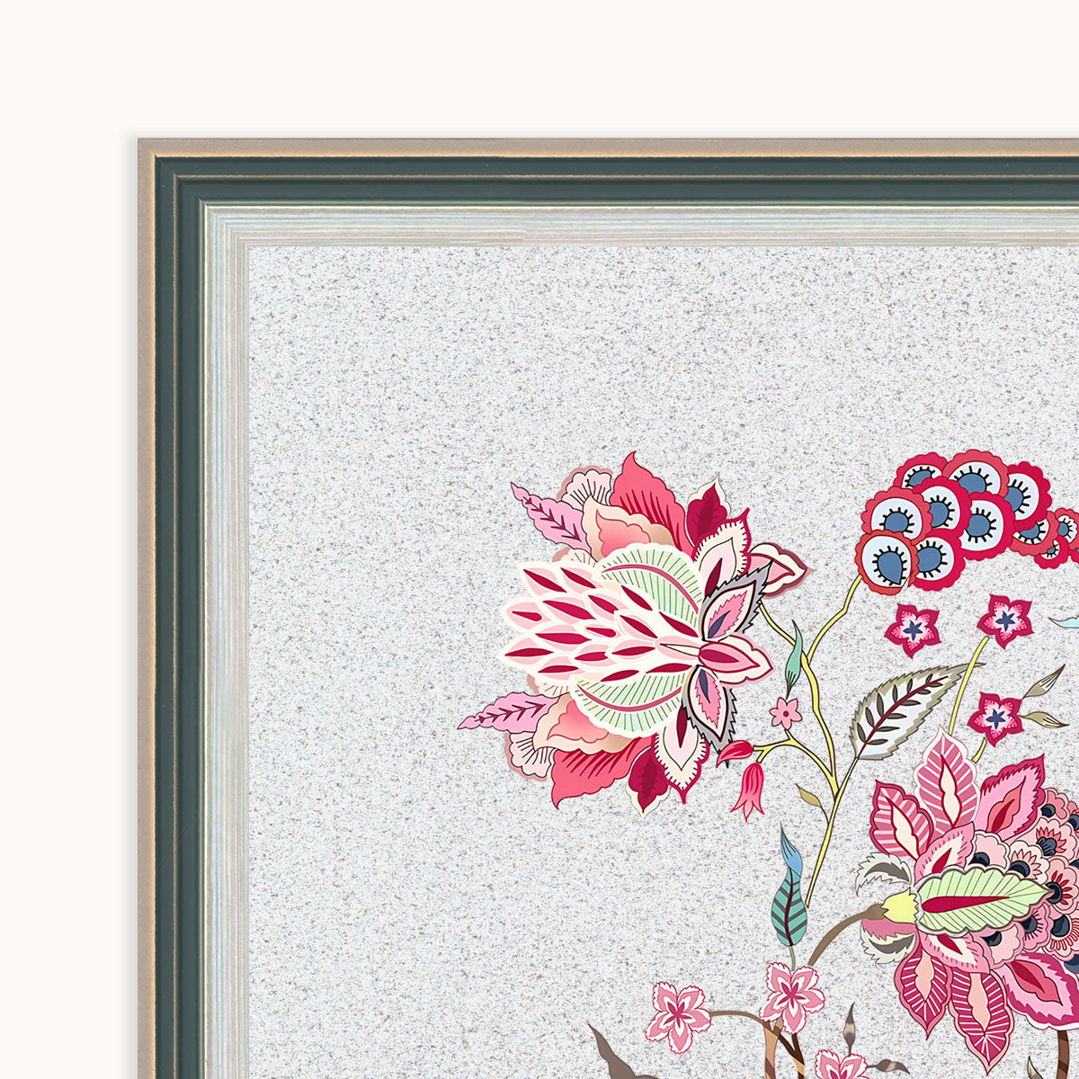 Close-up of the Blooming Grace Duo artwork showing its layered dark green, silver and gold-toned frame details