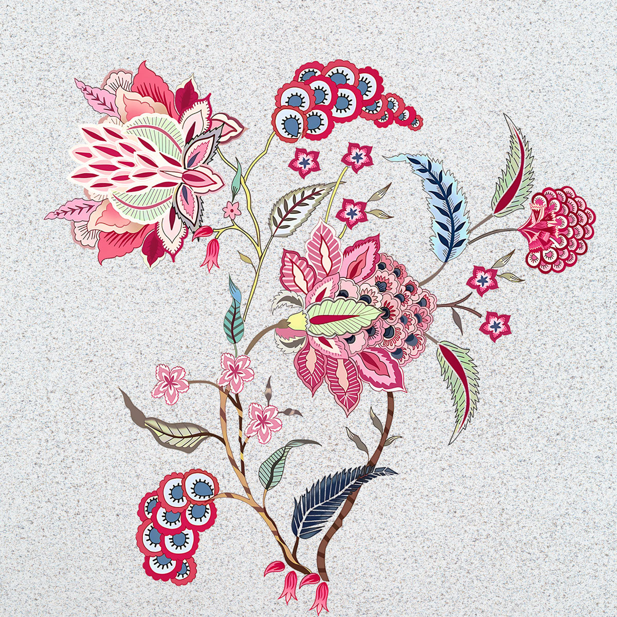 Orange, yellow and pink floral composition with intricate green foliage on a textured silver-toned background