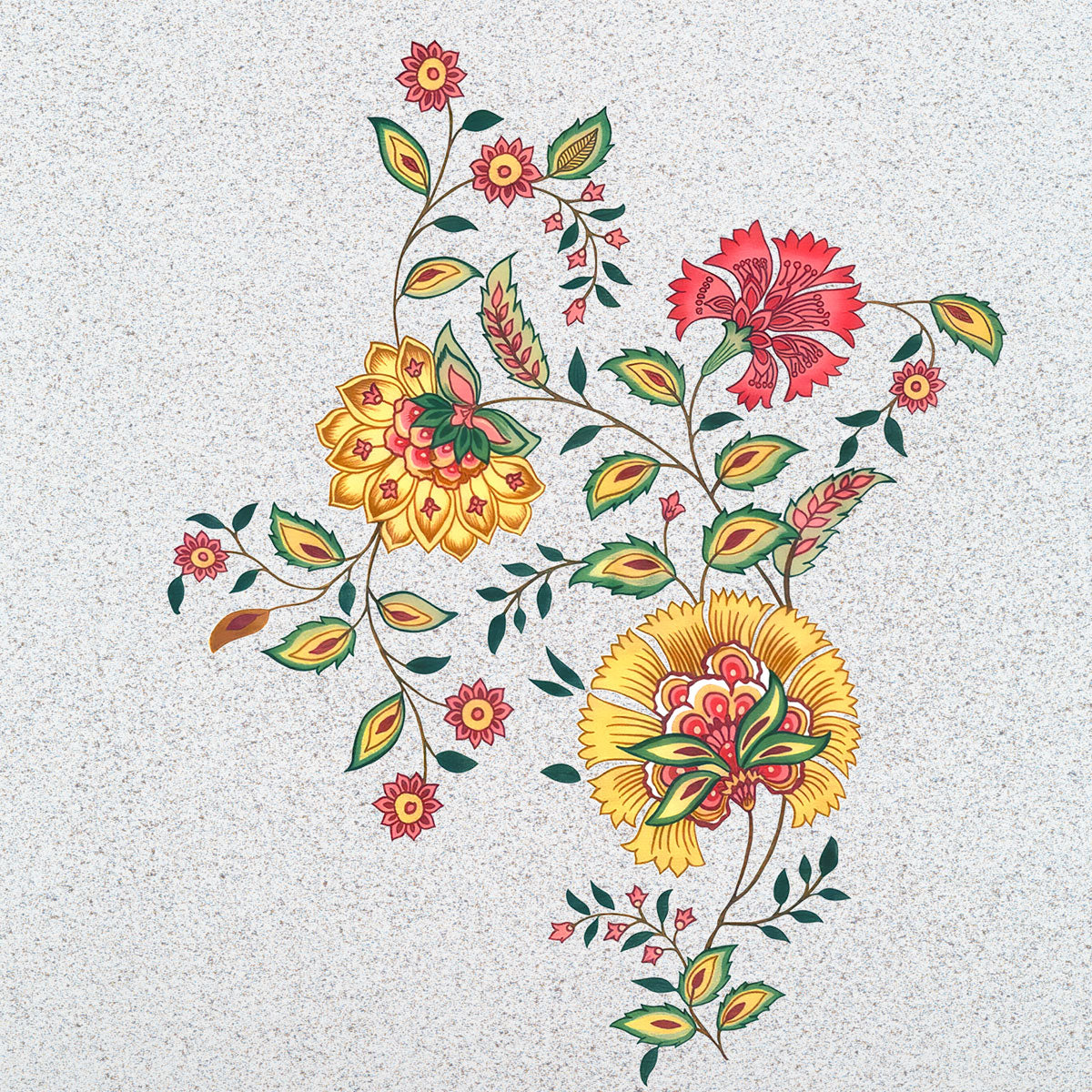 Detailed pink floral botanical artwork with layered blossoms, decorative leaves and patterned motifs