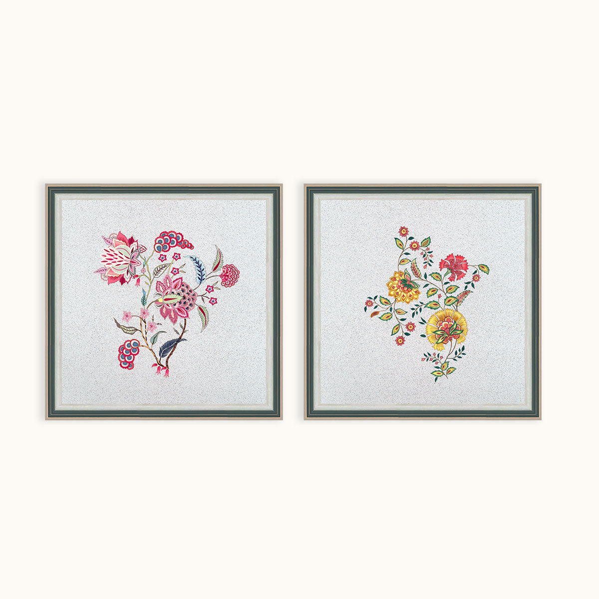 Blooming Grace Duo floral wall art set displayed on a beige interior wall above decorative panelling