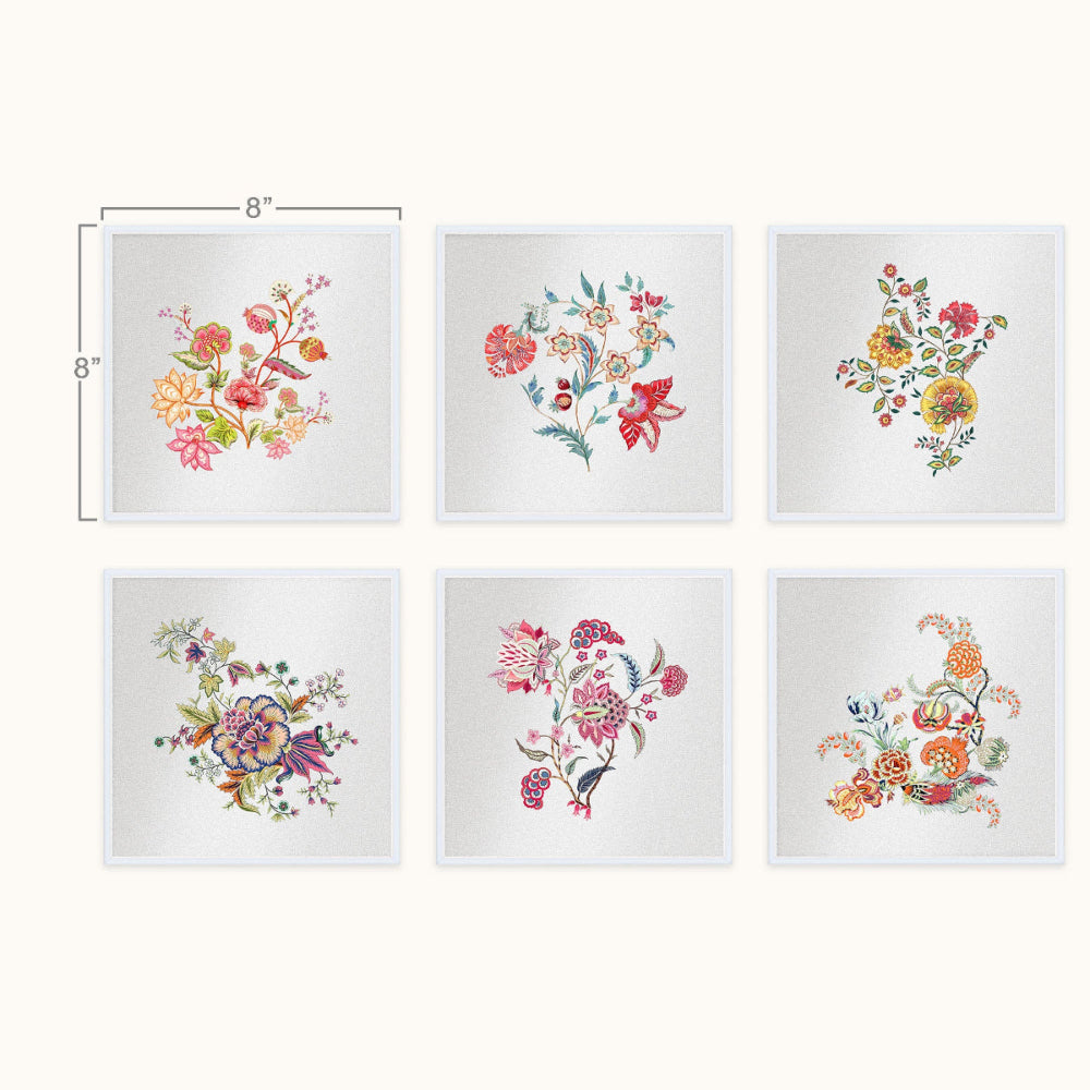 Six framed floral art arranged in a 2x3 grid on a light beige background. The frame feature colorful watercolor-style bouquets in pink, orange, yellow, green, and purple on white backgrounds, with an 8 by 8 inch size marker shown near the top left frame.