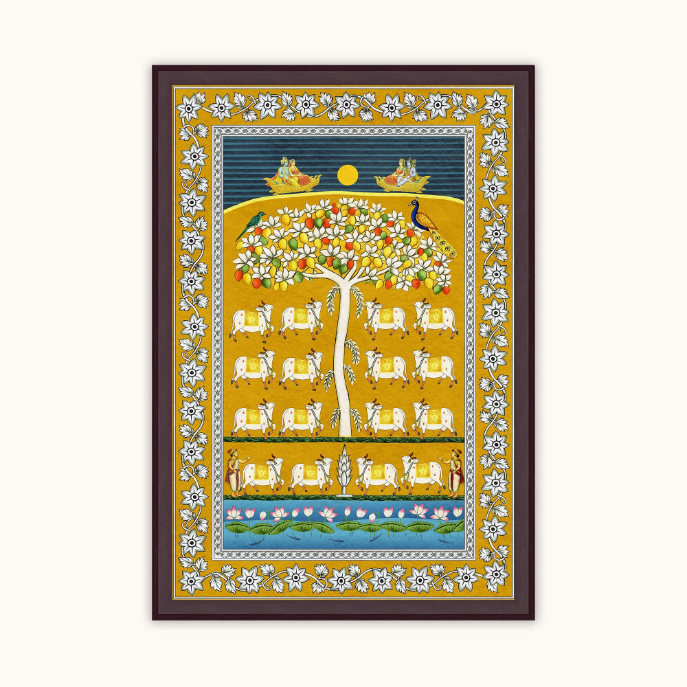 Celestial Gau Vihar Indian cow wall art frame featuring traditional artwork in a dark brown frame.