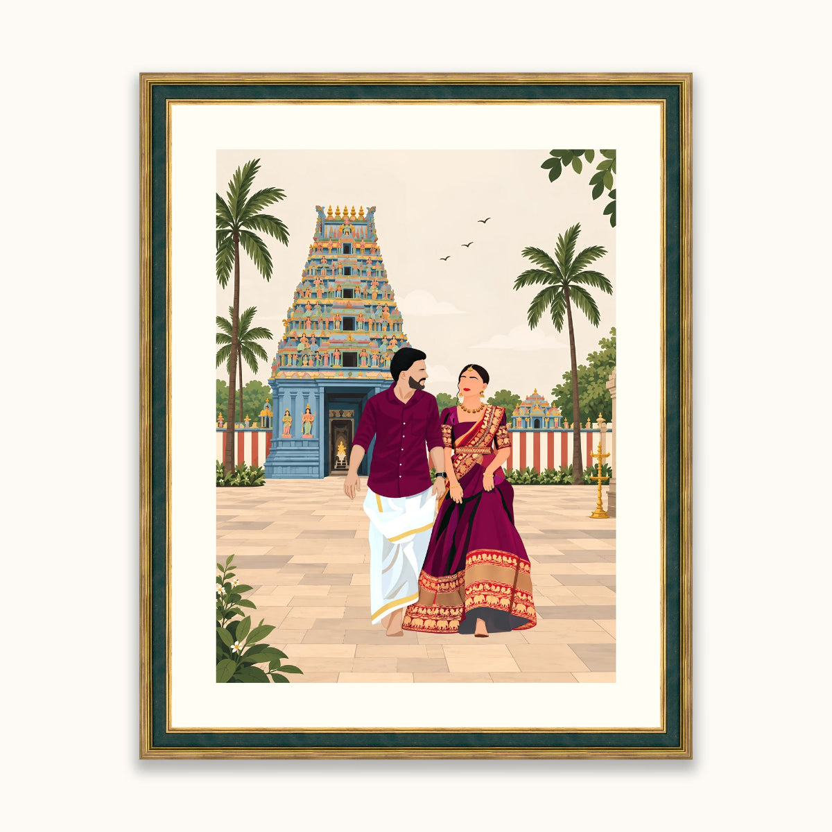 A framed art featuring an illustration of a couple walking in front of a traditional South Indian temple, surrounded by palm trees. The framed in a double-matted gold and dark green frame with a cream mat, set against a solid off-white background.