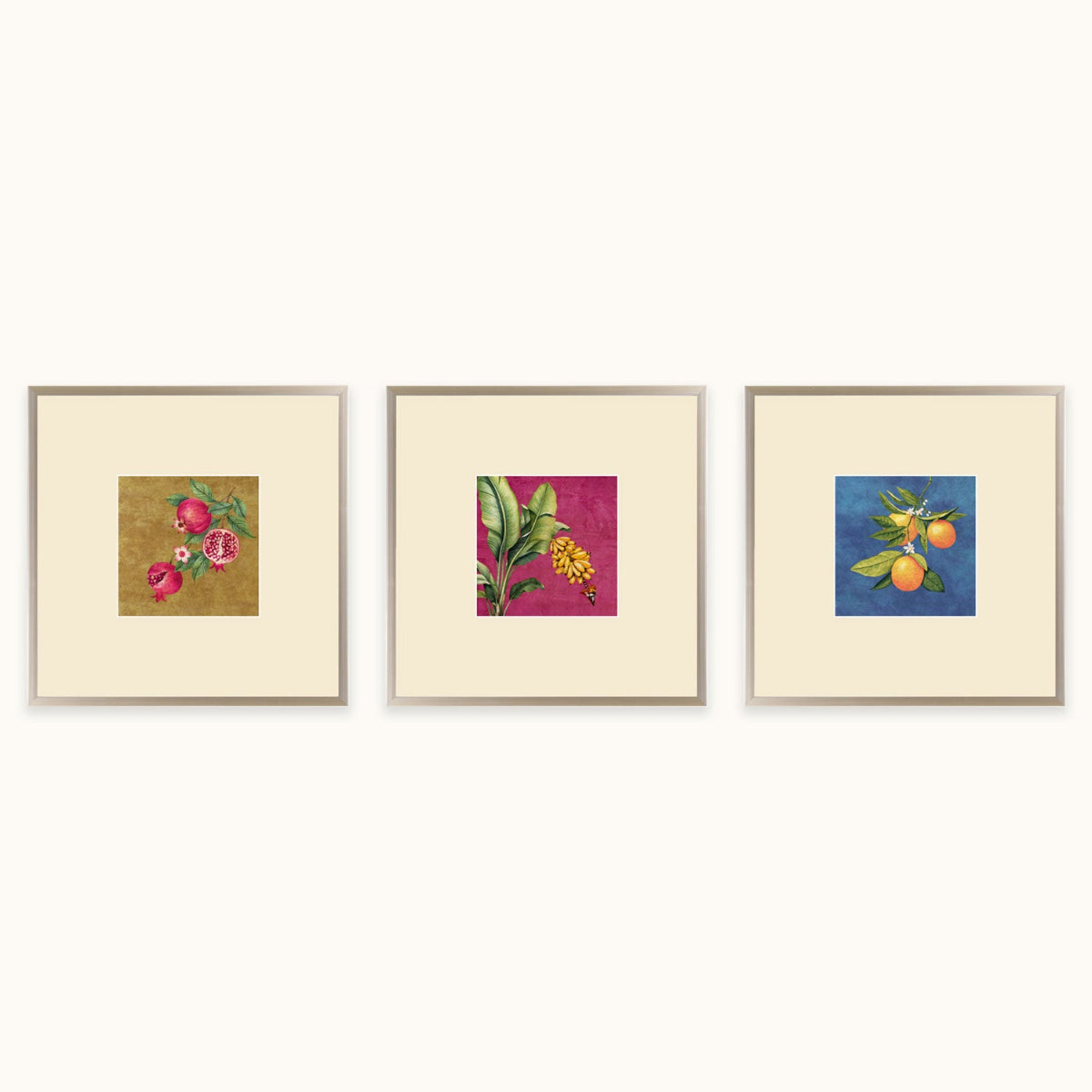 Fruits of Nature set featuring framed pomegranate, banana and orange botanical illustrations