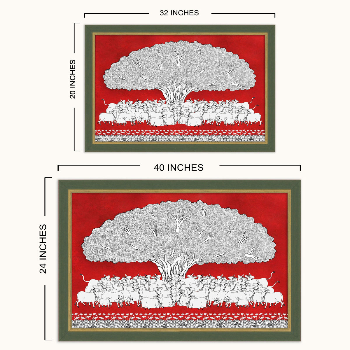 Two framed wall art showing the same red-and-white illustrated scene with a large tree and a herd of animals, labeled with dimensions 32 x 20 inches and 40 x 24 inches on a light beige background.
