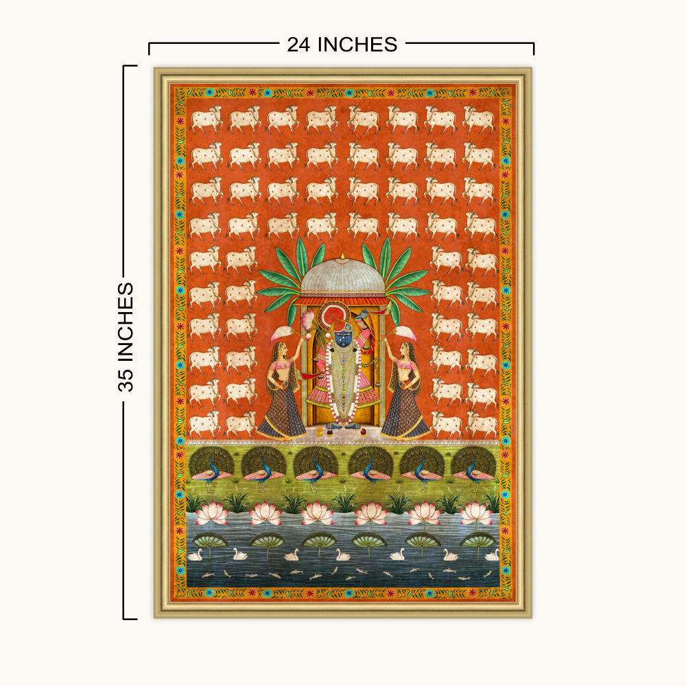 A framed Indian-style devotional art showing a central deity under a palm tree, with repeated script motifs on a red-orange background and a lotus pond at the bottom. Black dimension lines indicate 24 inches wide by 35 inches tall on a light neutral background.