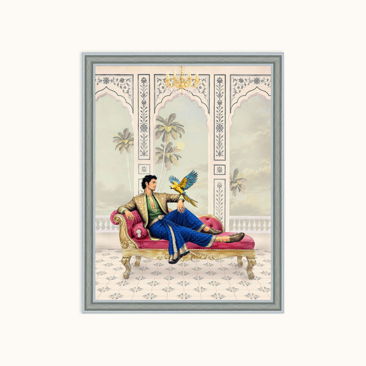 A framed art featuring an illustration of a man lounging on a pink chaise lounge with a parrot, set against an ornate architectural background with palm trees.