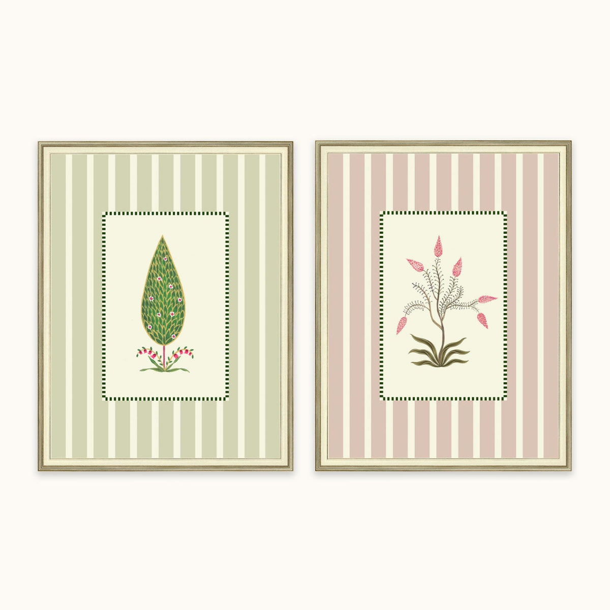 Indian Botanical Duo paired wall art featuring botanical motifs and contemporary stripes
