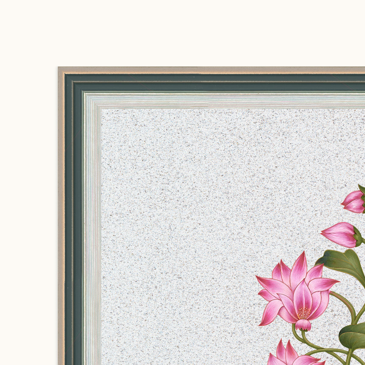 Full view of pink botanical blossoms and green foliage within a layered dark green and silver-toned frame