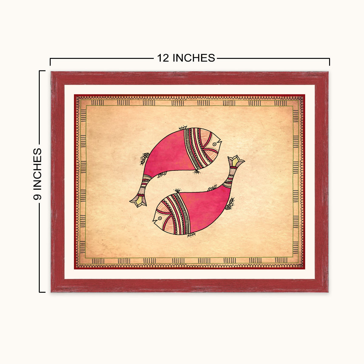 Framed wall art showing two stylized pink fish on a beige background with a red frame and dimension labels indicating 12 inches wide by 9 inches tall.