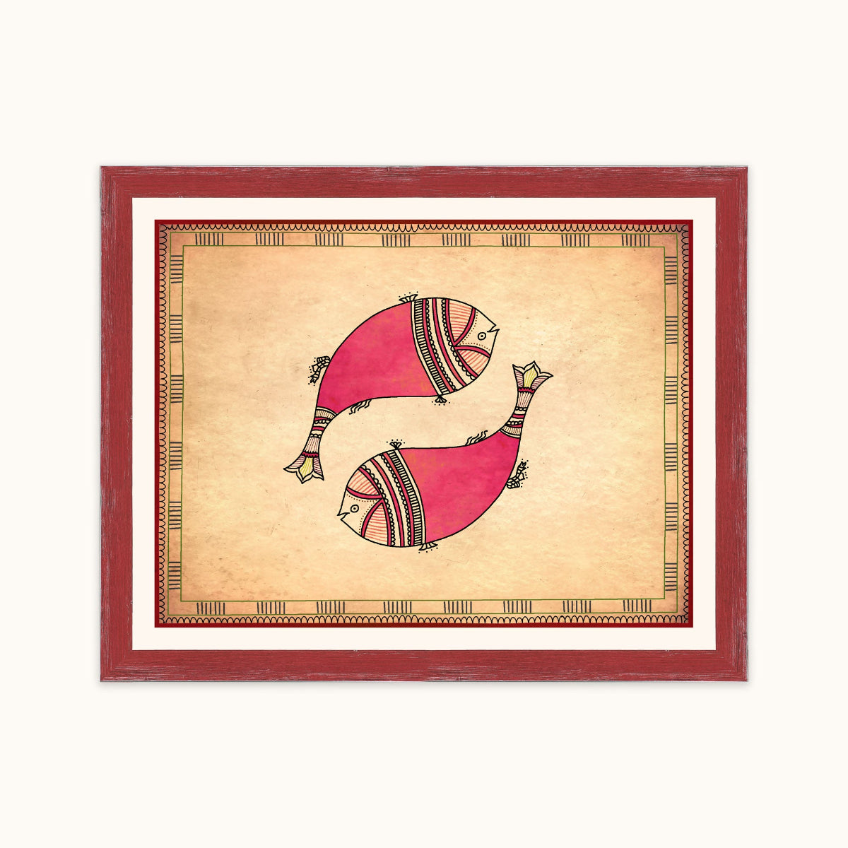 Framed art featuring two stylized pink fish with geometric patterns on a beige background, enclosed in a distressed red frame with a white mat.