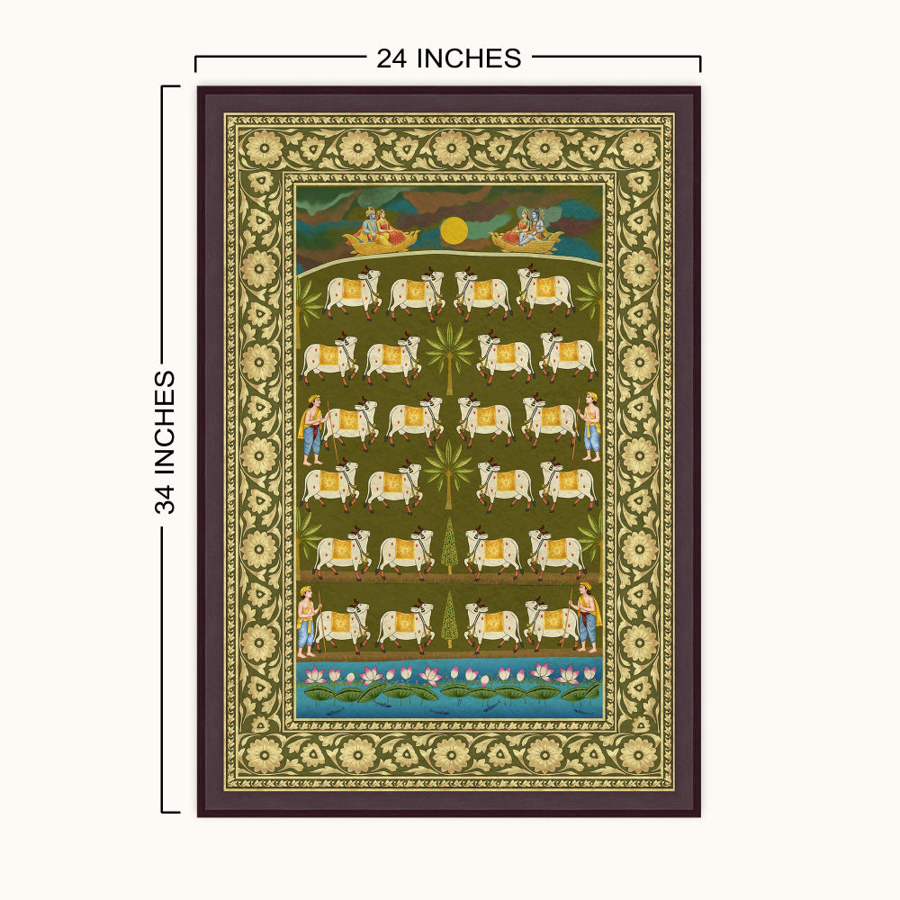 Size chart for Moonlight Kamdhenu Leela Indian cow wall art frame showing the available size of 24 × 34 inches.