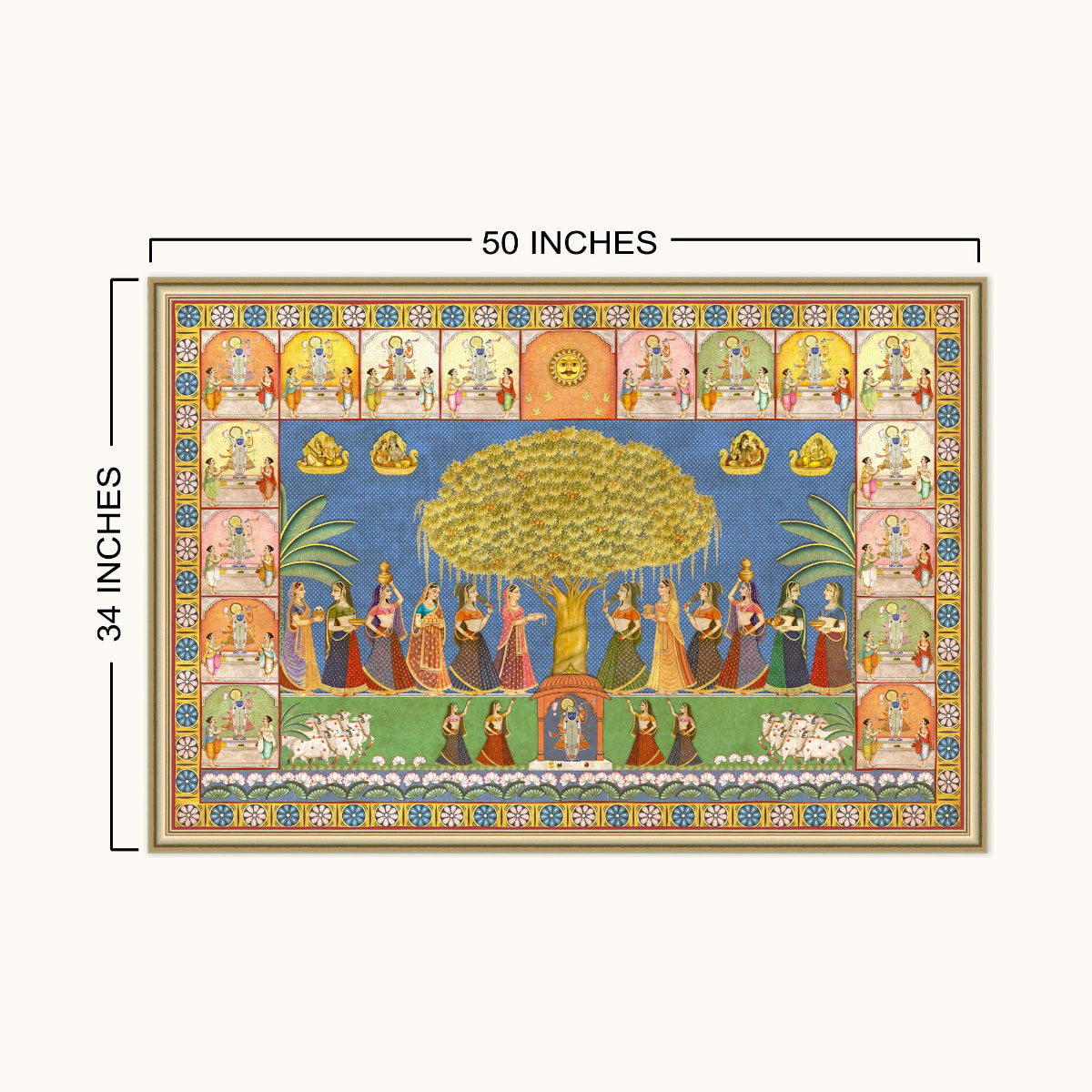 A framed traditional Indian style painting depicting a celestial scene with a central tree of life, surrounded by figures and decorative borders, shown with dimension labels indicating 50 inches wide by 34 inches tall on a light beige background.