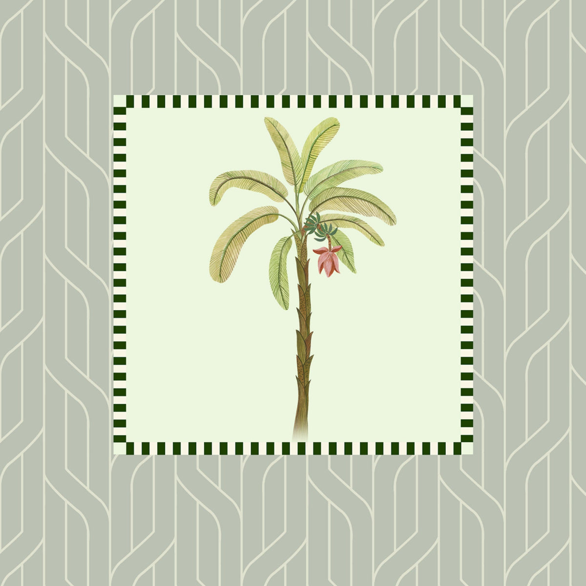 A botanical art featuring a hand-drawn palm tree with green leaves and a small pink flower, centered within a square frame with a dark green checkered border, set against a light gray patterned background.