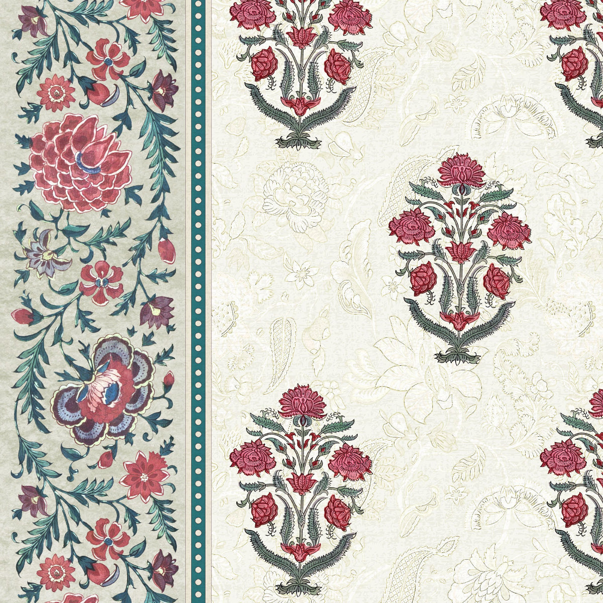 A close-up of a decorative textile or wallpaper pattern with a cream background, a vertical border on the left featuring pink and blue floral motifs with green leaves, and repeating floral medallions on the right.