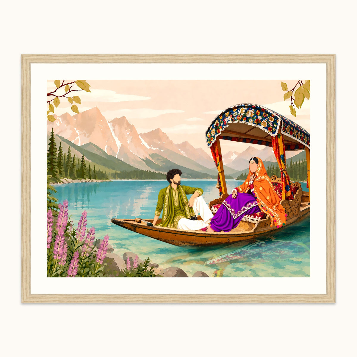 Framed art featuring a traditional Indian couple in a wooden boat on a scenic lake with mountains in the background, set in a light wood frame with a white mat.