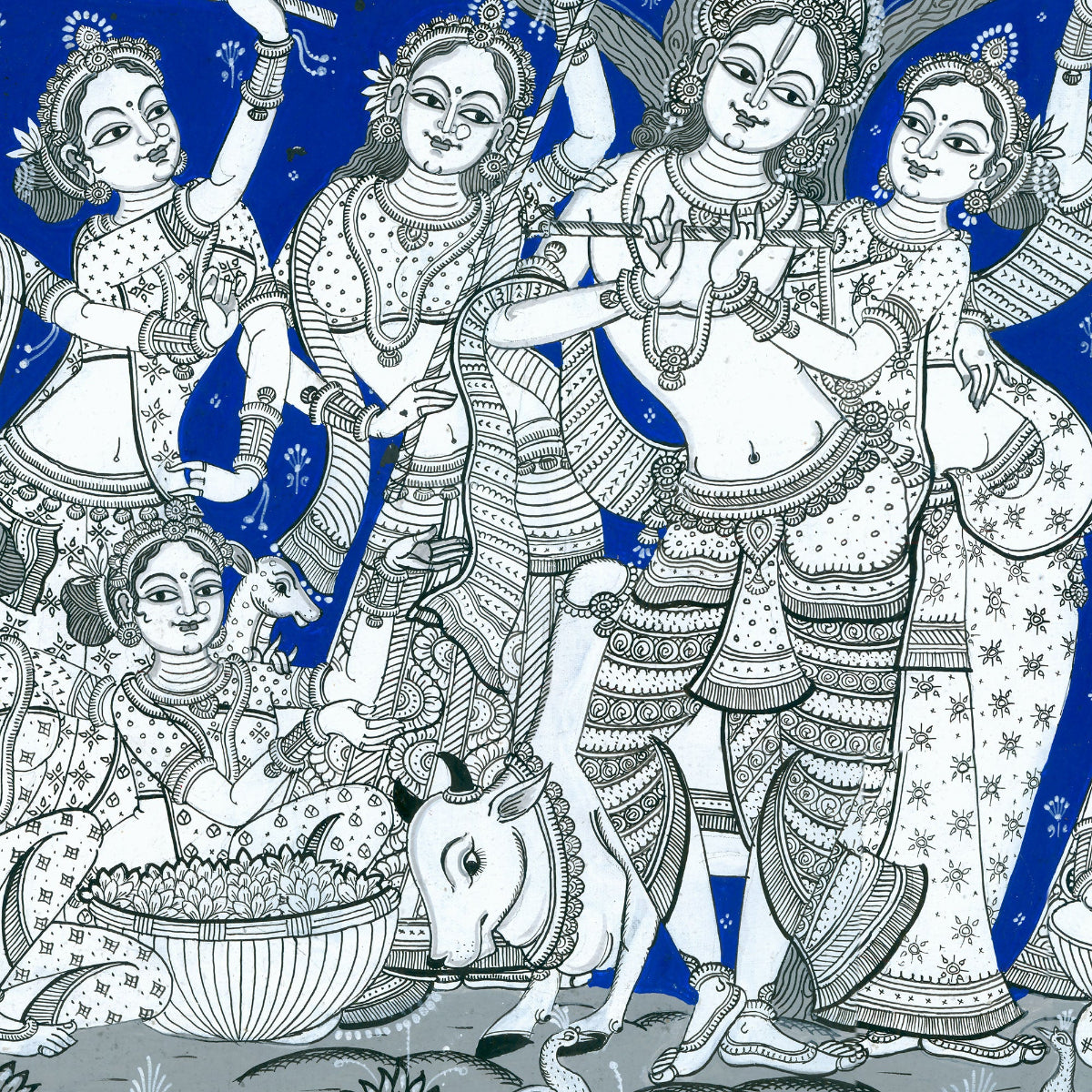 A traditional Indian folk art or textile pattern featuring multiple stylized figures in ornate garments, a seated woman at lower left, and a cow at the bottom, rendered in black and white line art over a vivid royal blue background.