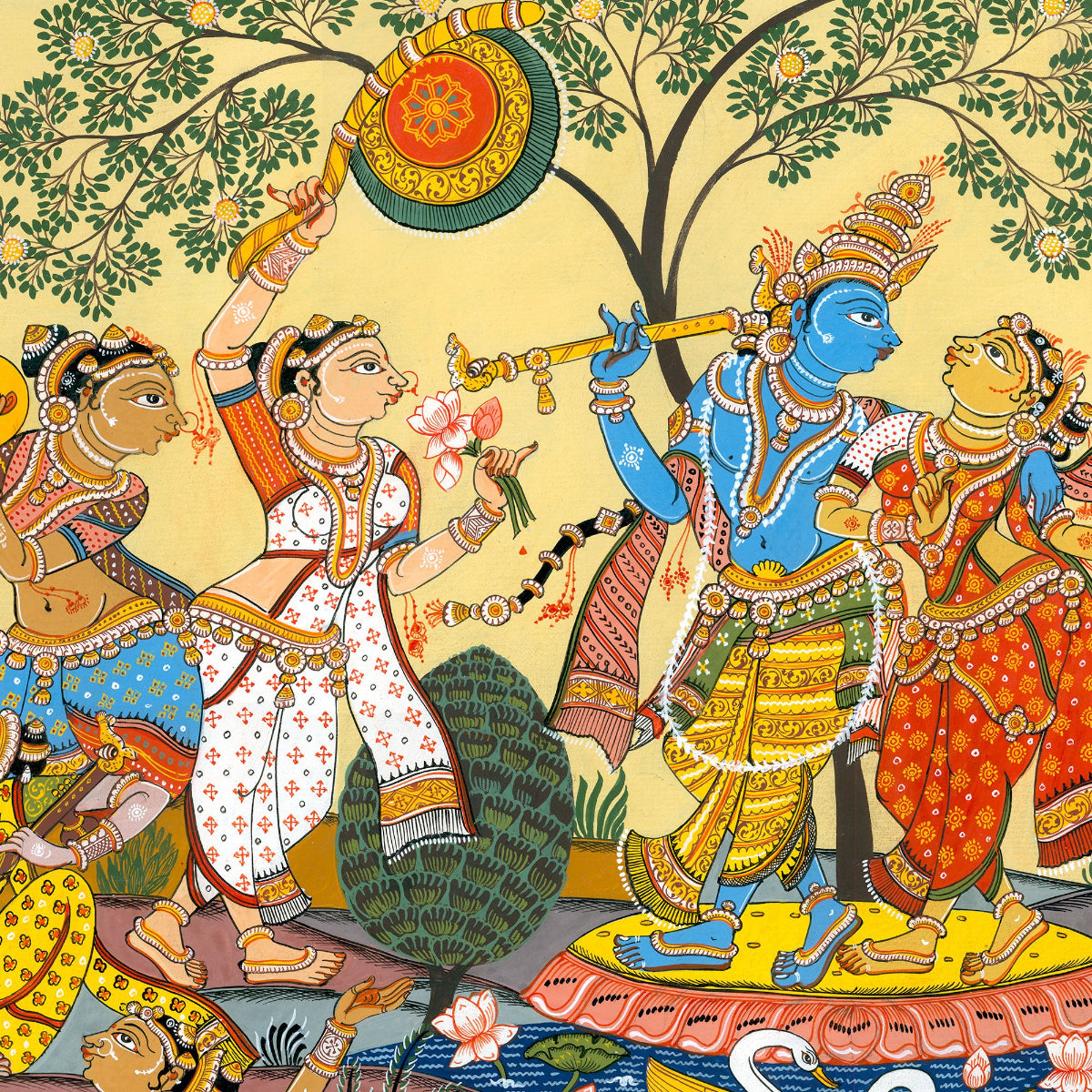 Vibrant traditional Indian folk art illustration depicting a mythological scene with a blue-skinned figure holding a flute, surrounded by colorful figures, a tree, and decorative motifs on a warm cream background.