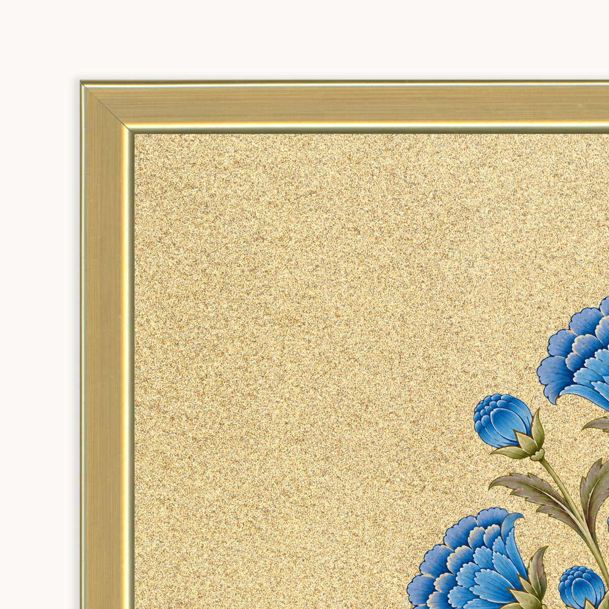 Close-up of the golden-coloured frame surrounding the textured golden background of the floral artwork