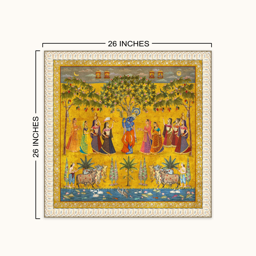 A square decorative wall art or panel showing a colorful traditional scene with figures, trees, animals, and a blue river, surrounded by a cream ornamental border. Black measurement lines and text indicate 26 inches on each side.