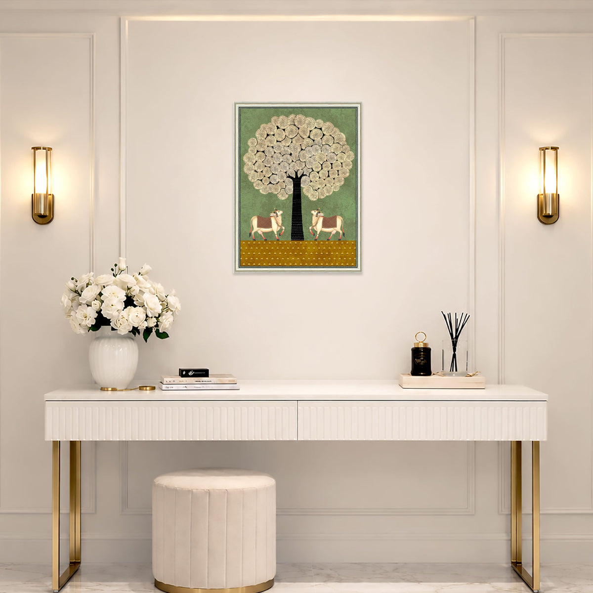 Surabhi under the Sacred Tree Indian cow wall art frame