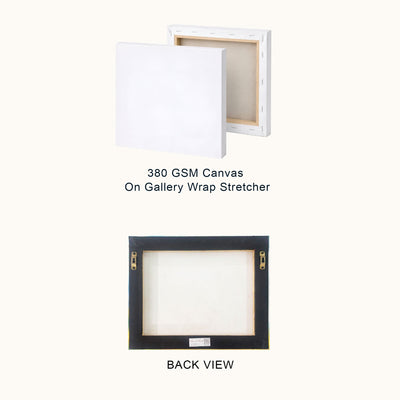 A product diagram showing a 380 GSM canvas on gallery wrap stretcher from two angles: the front view with a white canvas and the back view with a black frame. The text '380 GSM Canvas On Gallery Wrap Stretcher' and 'BACK VIEW' are printed below each view on a light cream background.