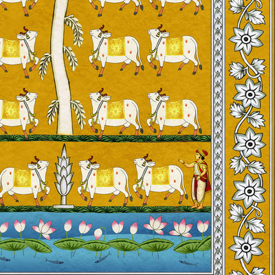 A close-up of a traditional Indian textile or wallpaper pattern featuring white cows with yellow saddles on a mustard yellow background, a vertical floral border on the right, and a blue lotus pond scene along the bottom.