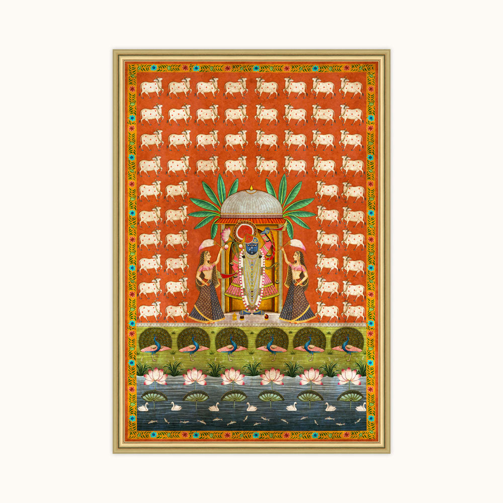 A framed Indian folk art print depicting Lord Krishna and the Gopichar, featuring a vibrant orange background with repeating white script, a central deity under a green palm tree, and a lotus pond at the bottom, all enclosed in a gold frame.