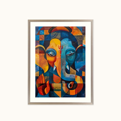 A framed abstract art featuring a stylized, geometric depiction of Lord Ganesha in vibrant shades of blue, orange, yellow, and red, set against a clean white background.