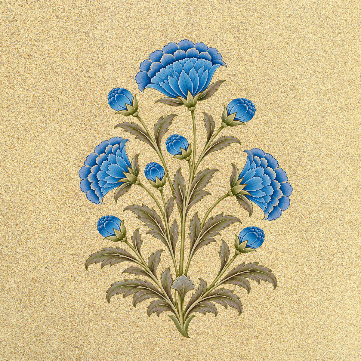 Detailed blue botanical flowers with layered petals and muted green foliage on a textured golden background