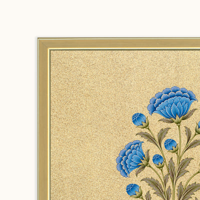 Close-up of Azure Bloom showing blue floral motifs, detailed foliage and the gold-coloured frame