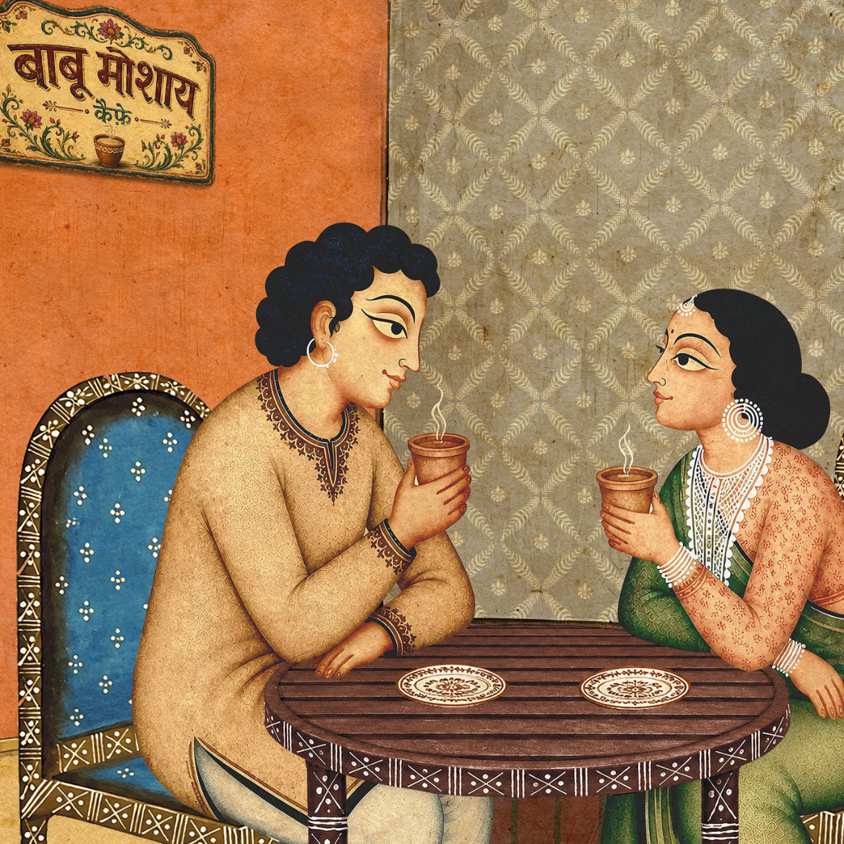 A traditional Indian depicting two women seated at a small wooden table, each holding a clay cup with steam rising. The left background wall is terracotta orange with a blue patterned chair, and the right background features patterned gray wallpaper.