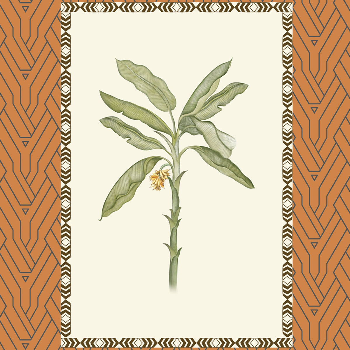 Botanical art frame featuring a green plant stem with leaves and a small yellow flower, centered within a cream border and framed by an orange geometric pattern.