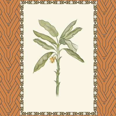 Botanical art frame featuring a green plant stem with leaves and a small yellow flower, centered within a cream border and framed by an orange geometric pattern.
