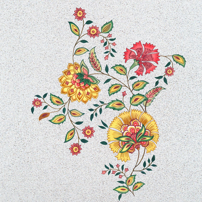 Detailed pink floral botanical artwork with layered blossoms, decorative leaves and patterned motifs