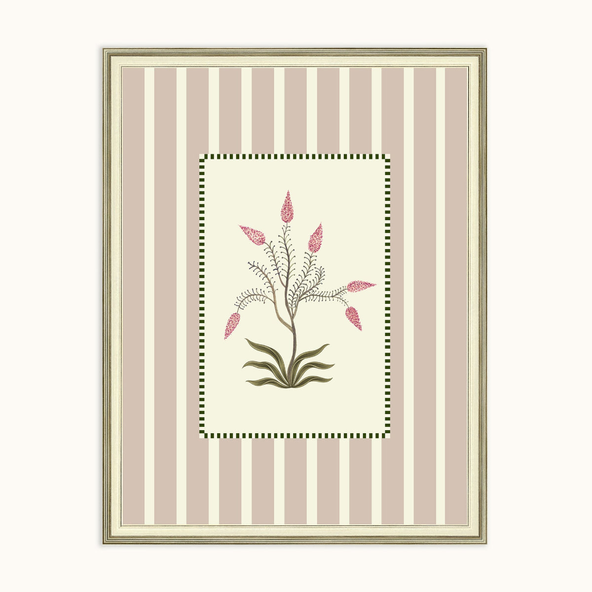 A framed art featuring a botanical illustration of a pink and olive plant on an off-white background, surrounded by a central cream panel with thin dark green dotted borders and a larger background of vertical blush pink and cream stripes. The frame is housed in a thin beige frame and is set against a solid off-white background.