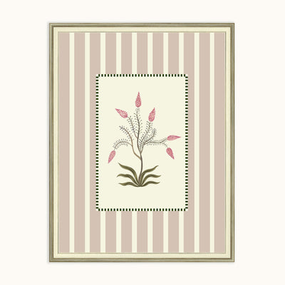 A framed art featuring a botanical illustration of a pink and olive plant on an off-white background, surrounded by a central cream panel with thin dark green dotted borders and a larger background of vertical blush pink and cream stripes. The frame is housed in a thin beige frame and is set against a solid off-white background.