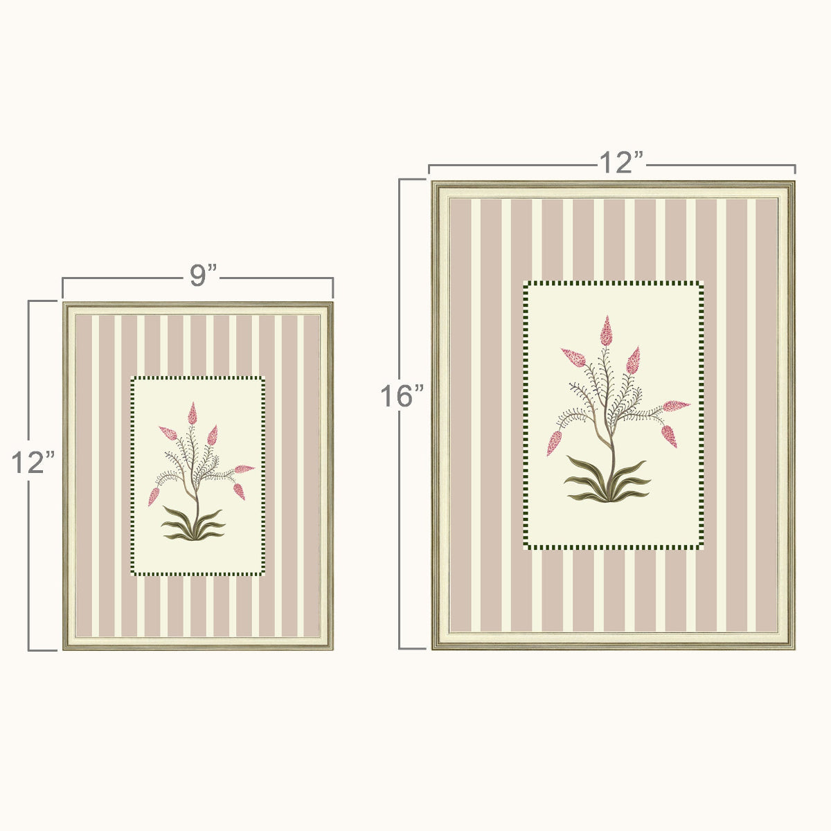 Two framed floral wall art pieces shown on a light beige background with dimension labels. The smaller piece is 9 by 12 inches and the larger piece is 12 by 16 inches.
