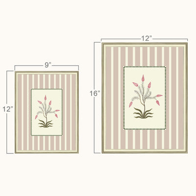 Two framed floral wall art pieces shown on a light beige background with dimension labels. The smaller piece is 9 by 12 inches and the larger piece is 12 by 16 inches.