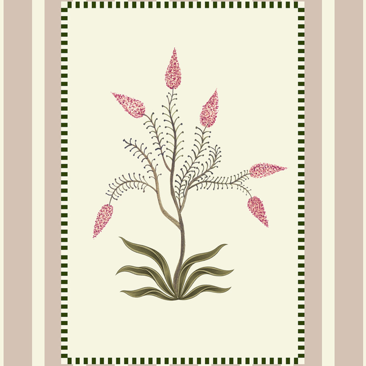 A botanical art frame featuring a stylized pink and olive green plant with textured flower buds, framed by a dark green and beige checkered border on a cream background.