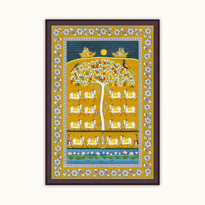 Celestial Gau Vihar Indian cow wall art frame featuring traditional artwork in a dark brown frame.