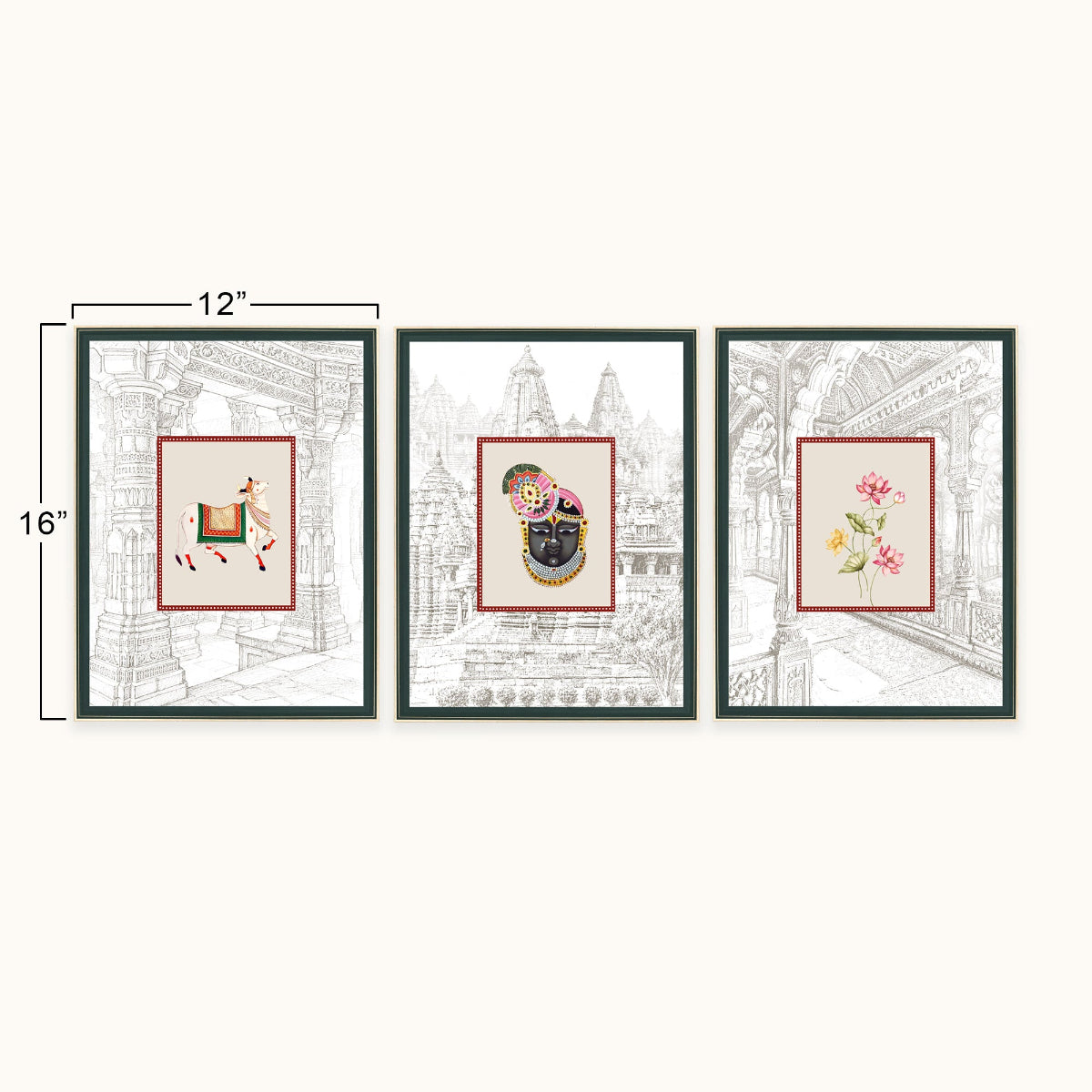 Three framed art displayed side by side on a light beige background, with dimension lines indicating 12 inches wide by 16 inches tall. The prints feature traditional Indian-style illustrations: a deer, a black-and-gold mask, and pink flowers, set against architectural line drawings.
