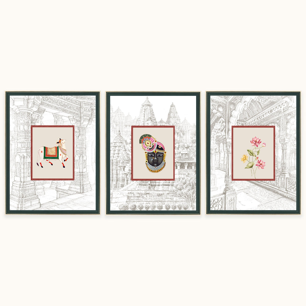 Three framed art displayed side-by-side on a light beige wall. The frame feature traditional Indian architectural line drawings in the background, with central cream-colored panels showcasing colorful illustrations: a horse and rider, a black deity face with gold jewelry, and pink flowers.