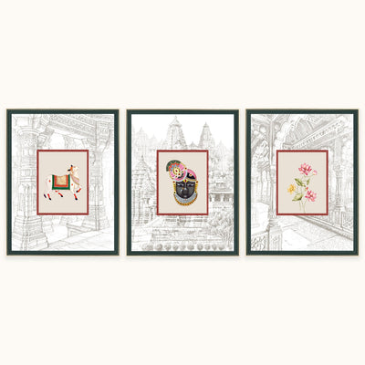 Three framed art displayed side-by-side on a light beige wall. The frame feature traditional Indian architectural line drawings in the background, with central cream-colored panels showcasing colorful illustrations: a horse and rider, a black deity face with gold jewelry, and pink flowers.