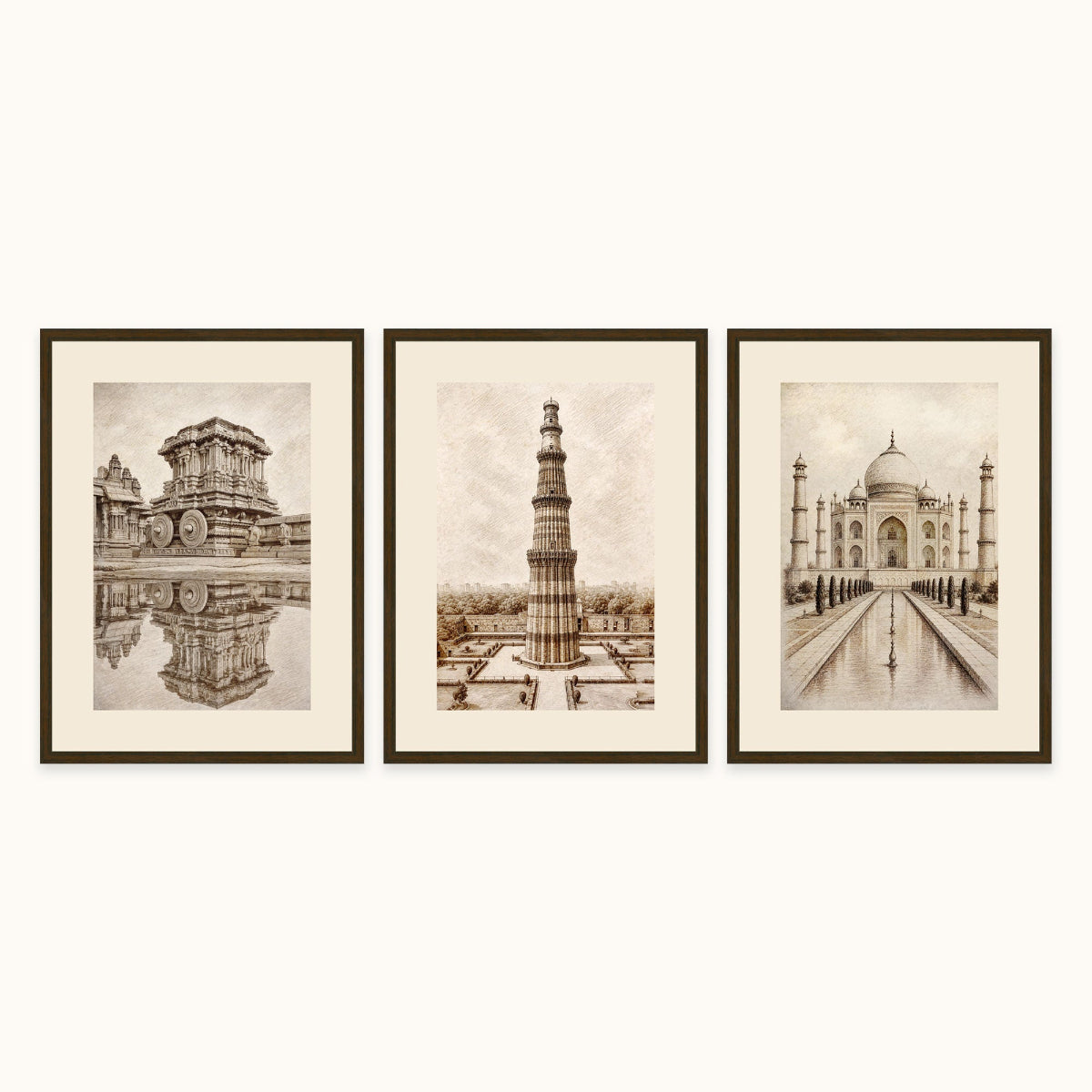 Three framed sepia-toned architectural frame art hang side by side on a light wall. The left print shows a Humpi Temple with reflection scene, the center shows a tall Kutub Minar with a central column, and the right shows a Tajmahal with a long reflecting pool.