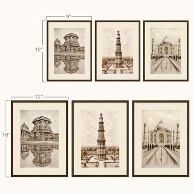 Six framed sepia-toned architectural art frame showing landmarks, arranged on a light background with size labels including 9 inches, 12 inches, and 16 inches.