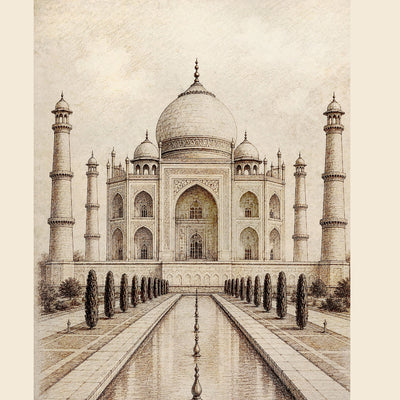 A sepia-toned architectural illustration of the Taj Mahal, shown as a detailed drawing with symmetrical minarets, domes, and reflecting pools on a light cream background.