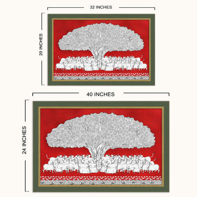Two framed wall art showing the same red-and-white illustrated scene with a large tree and a herd of animals, labeled with dimensions 32 x 20 inches and 40 x 24 inches on a light beige background.